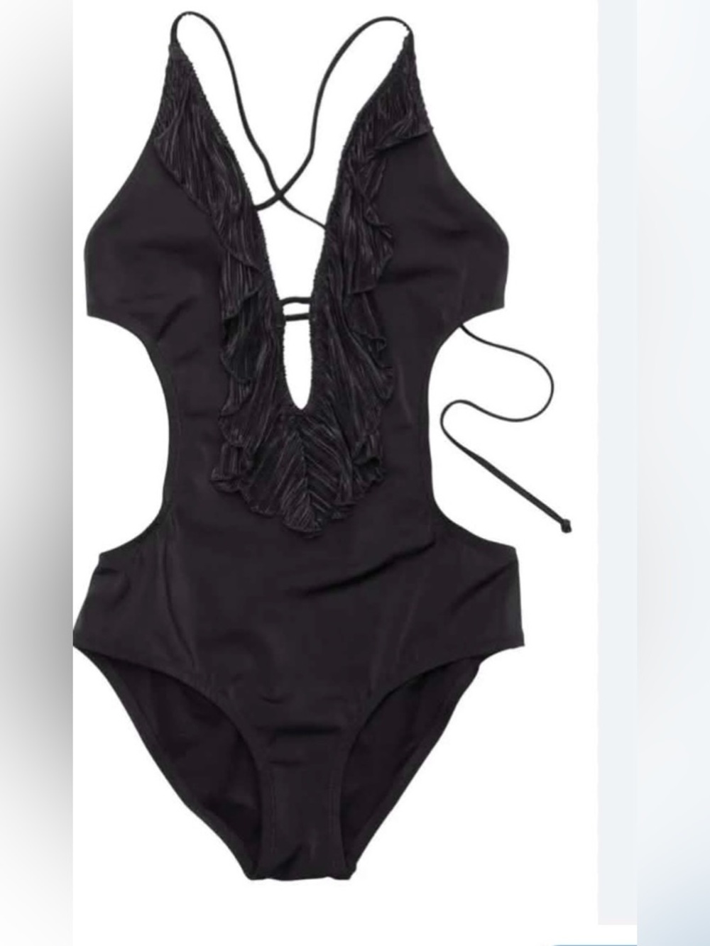 H&M Black Ruffle Deep-V Cutout One-Piece Swim Bodysuit